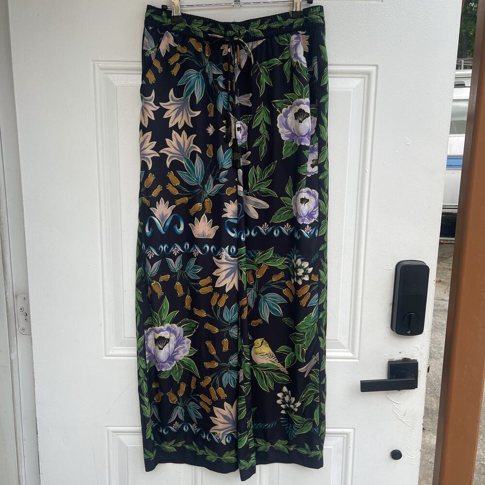Maison d’Amelie Paris Floral Bird Wide Leg Pants Beaded Tassels Size S